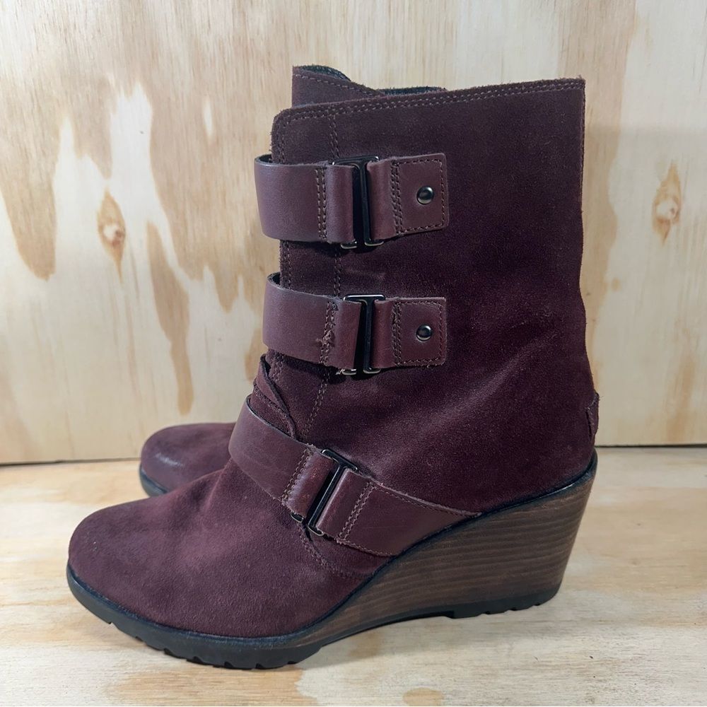 Sorel After Hours Burgundy Wedge Moto Ankle Boots Women’s Size 10.5